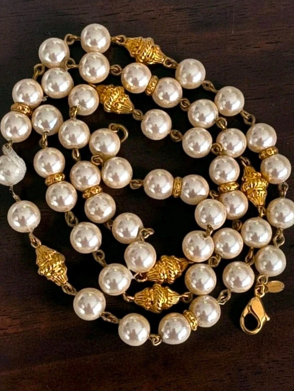 Vintage Signed Monet Faux Pearl Necklace With Gold Tone Ornate Barrel Beads 33"